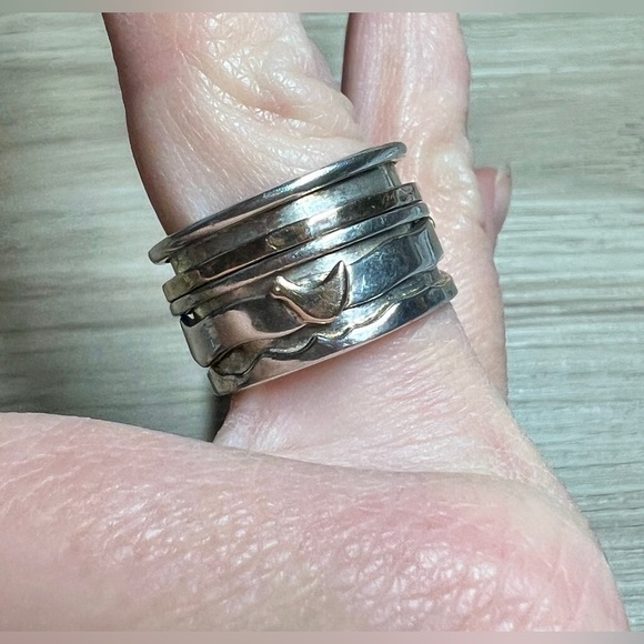 Vintage Designer (AIL) Sterling Silver & Gold Bird Wide Spinner Ring, Size 10 - Picture 7 of 8